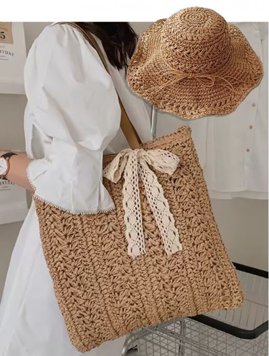 Premium Straw Weaved Bag and Sun Hat Set (BG157901KAK + HAT1280-03KAK)